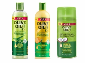 ORS Olive Oil Moisture Restore Creamy Aloe Shampoo - Strengthen & Nourish Replenishing Conditioner - Nourishing Sheen Spray - Bundle