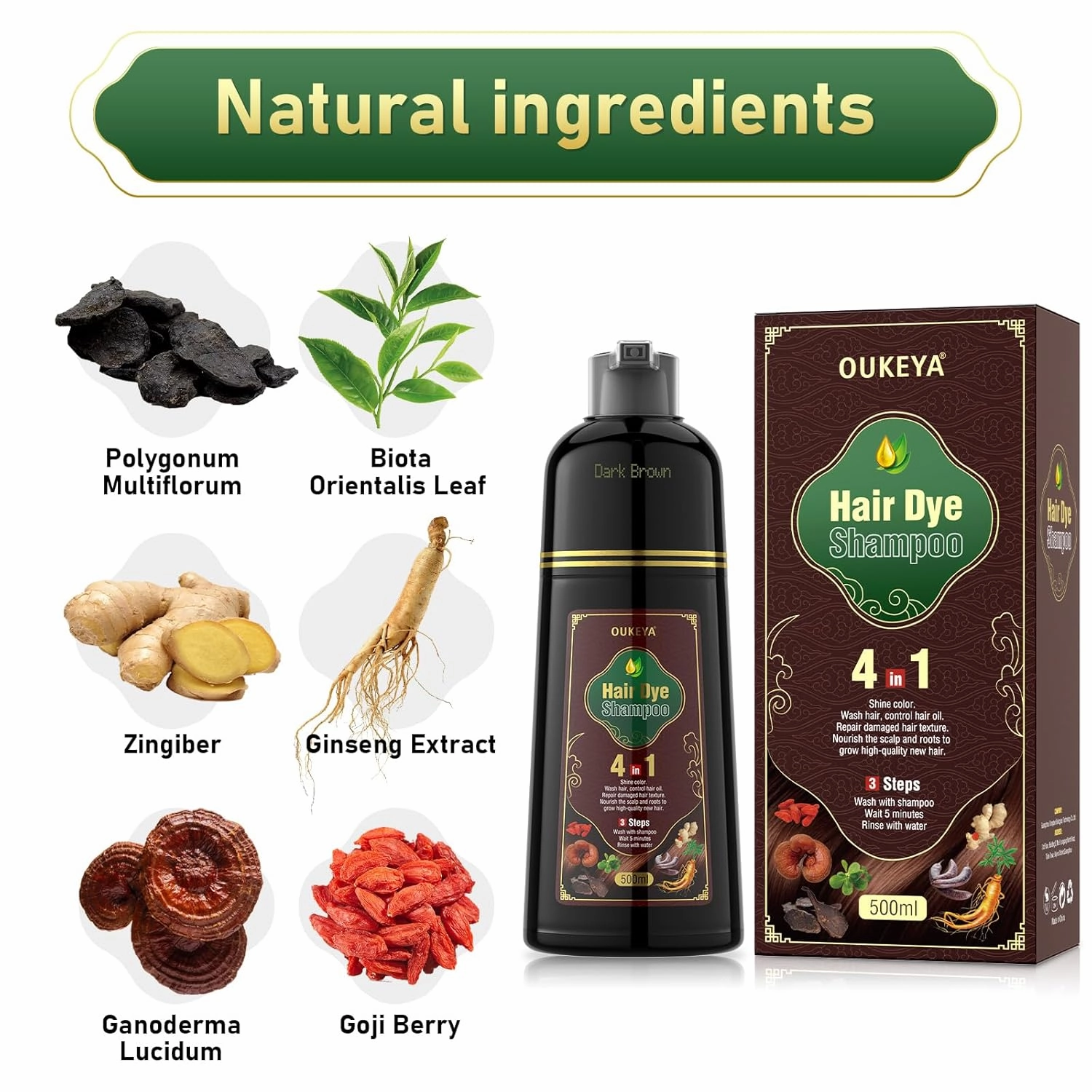 OUKEYA Dark Brown Hair Dye Shampoo 4 In 1, Hair Color Shampoo for Gray Hair Coverage for Women & Men, Instant Natural Herbal Ingredients Color Professional Salon-Level Treatments