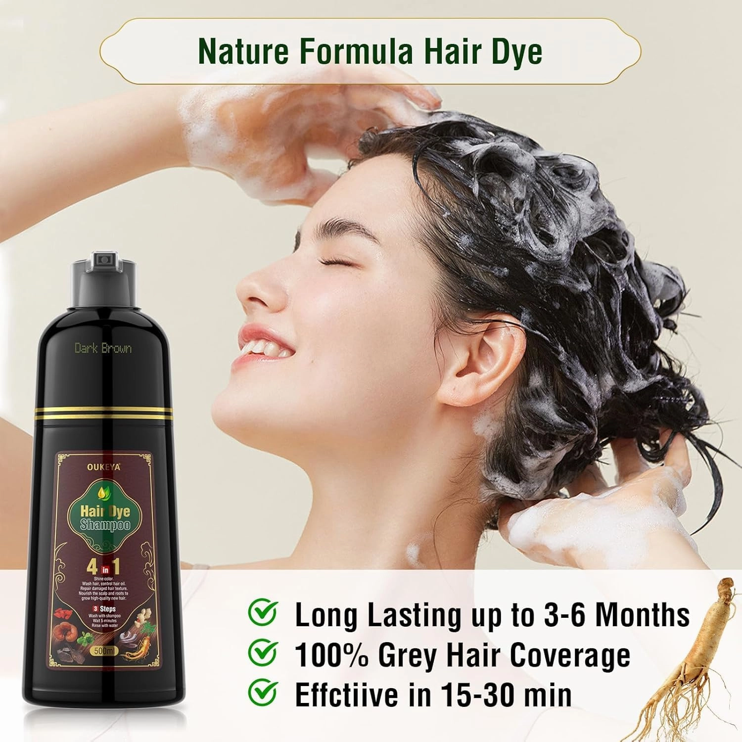 OUKEYA Dark Brown Hair Dye Shampoo 4 In 1, Hair Color Shampoo for Gray Hair Coverage for Women & Men, Instant Natural Herbal Ingredients Color Professional Salon-Level Treatments
