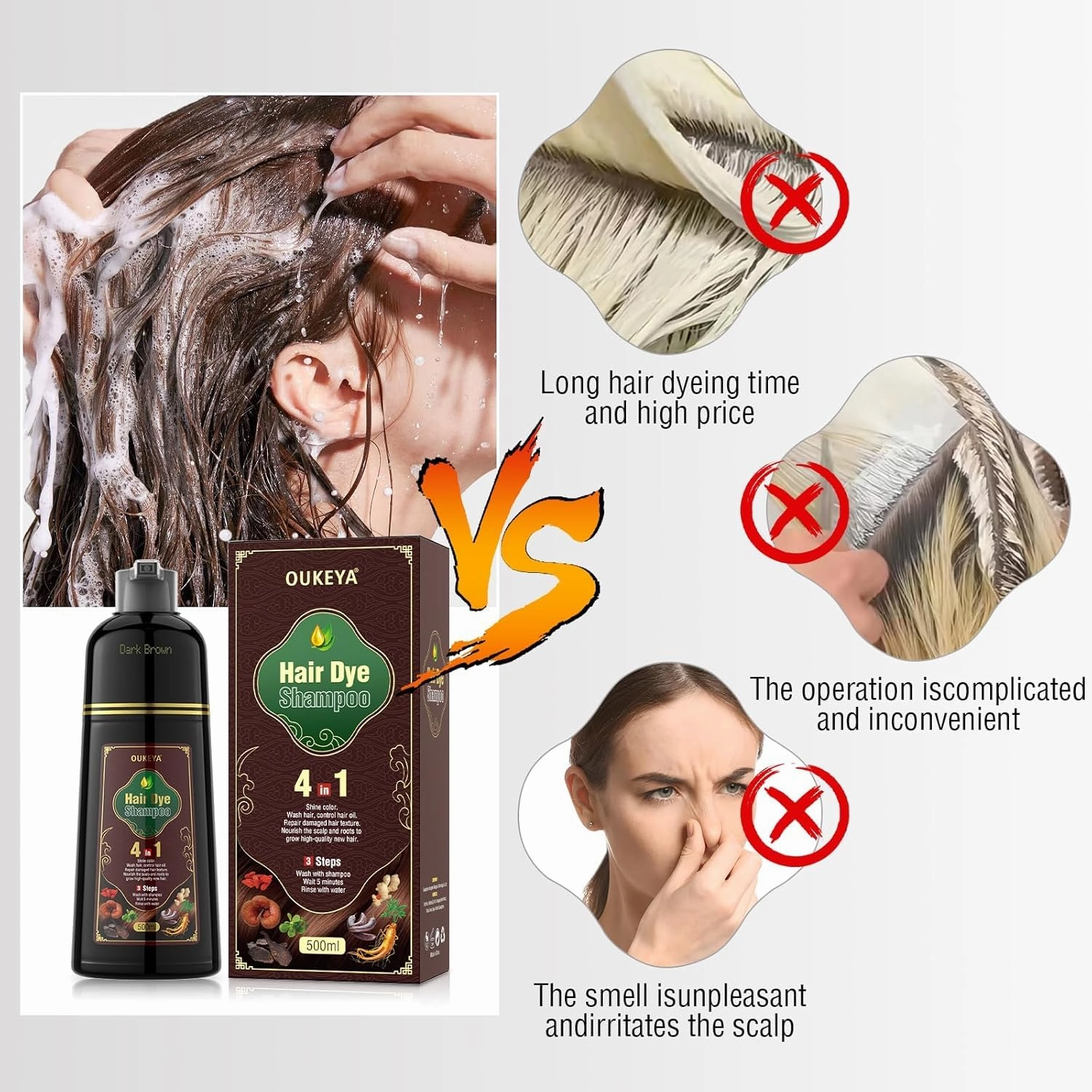 OUKEYA Dark Brown Hair Dye Shampoo 4 In 1, Hair Color Shampoo for Gray Hair Coverage for Women & Men, Instant Natural Herbal Ingredients Color Professional Salon-Level Treatments