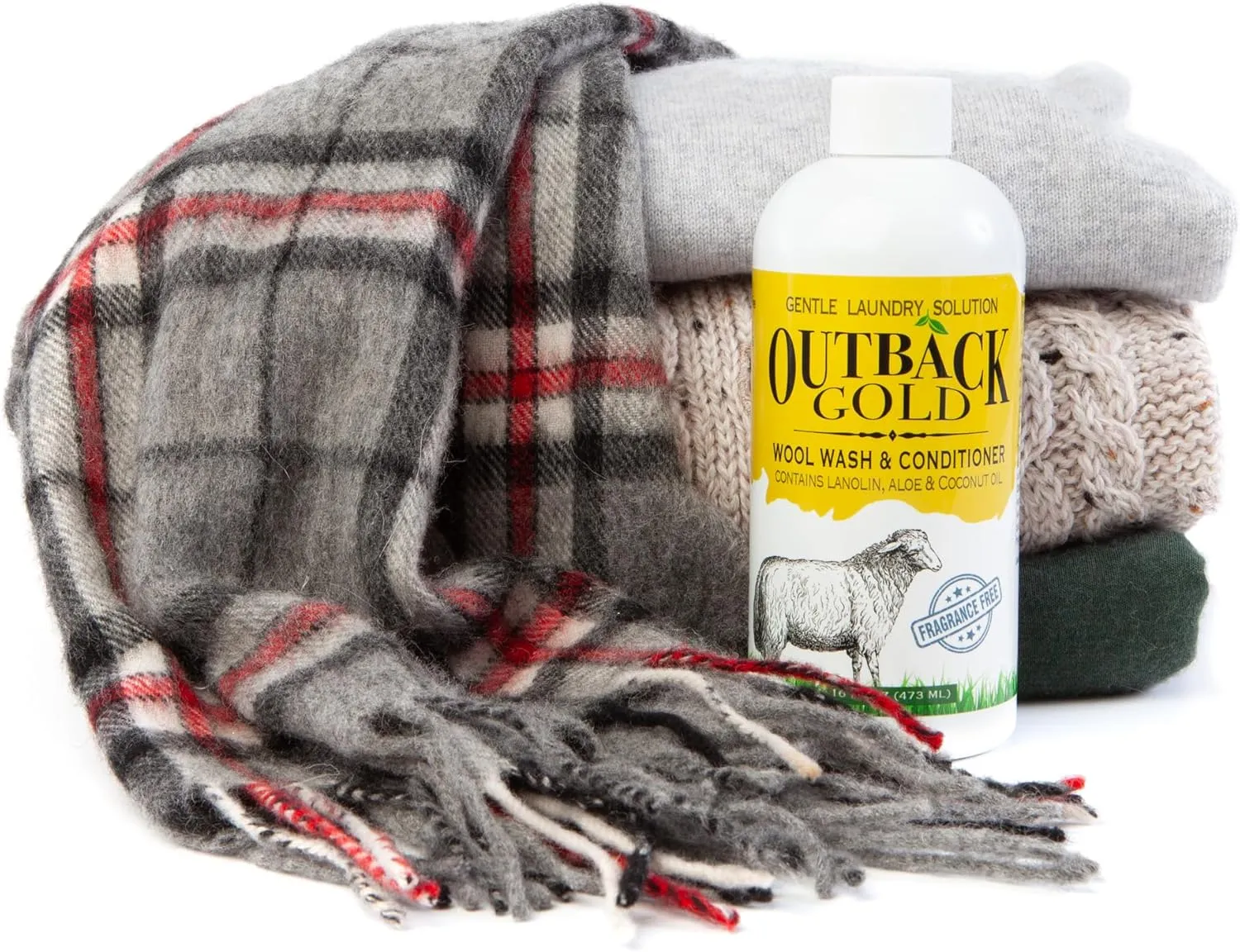 Outback Gold Wool Wash, 16 Oz, Natural Plant Based Liquid, Unscented, Fragrance Free, Neutral pH Laundry Detergent for Wool, Cashmere, Silk, Sheepskin, Baby Items, Mild and Enzyme Free, Made in USA