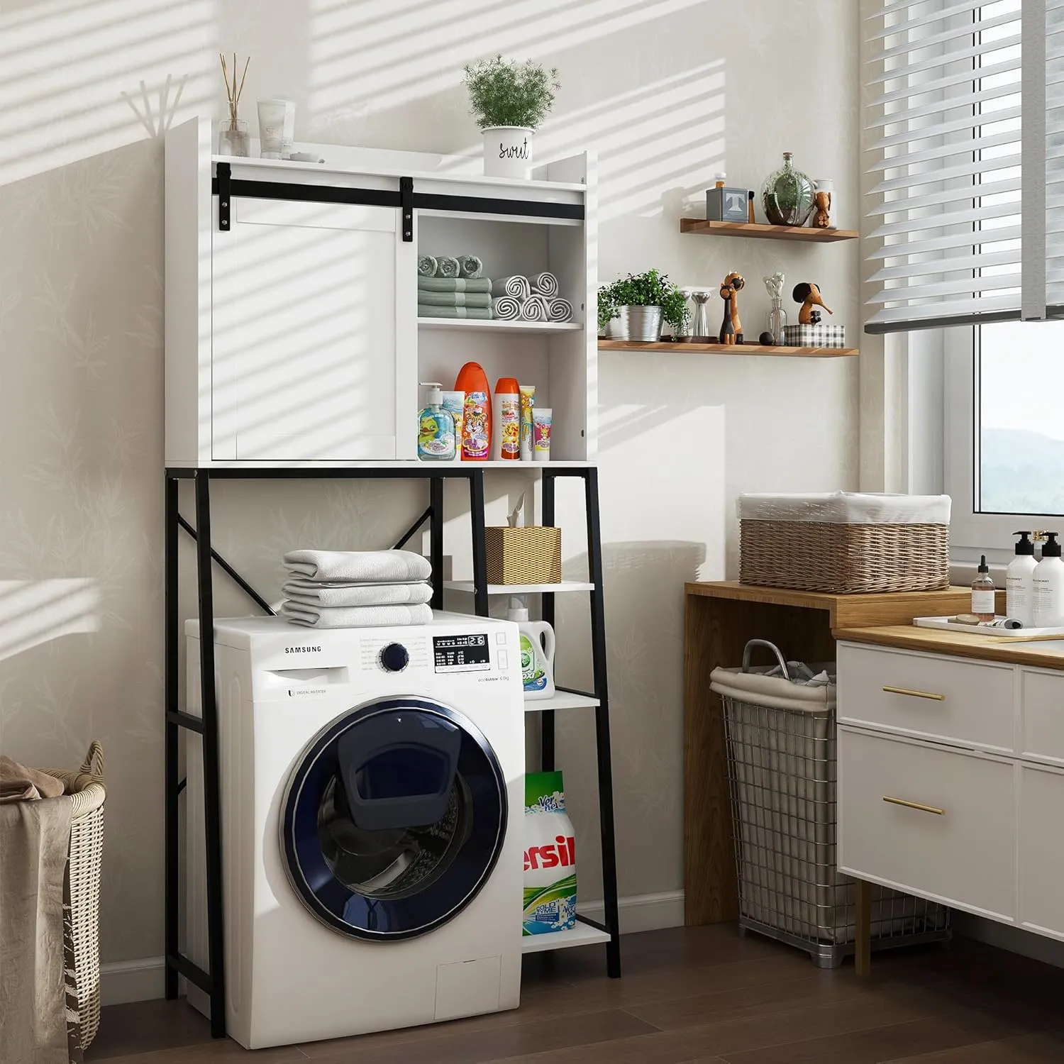 Over The Toilet Storage Cabinet with Side Rack and Shelves, Freestanding Space Saver Organizer Above Toilet with Sliding Barn Door & Iron Pedestal, for Bathroom, Laundry, White