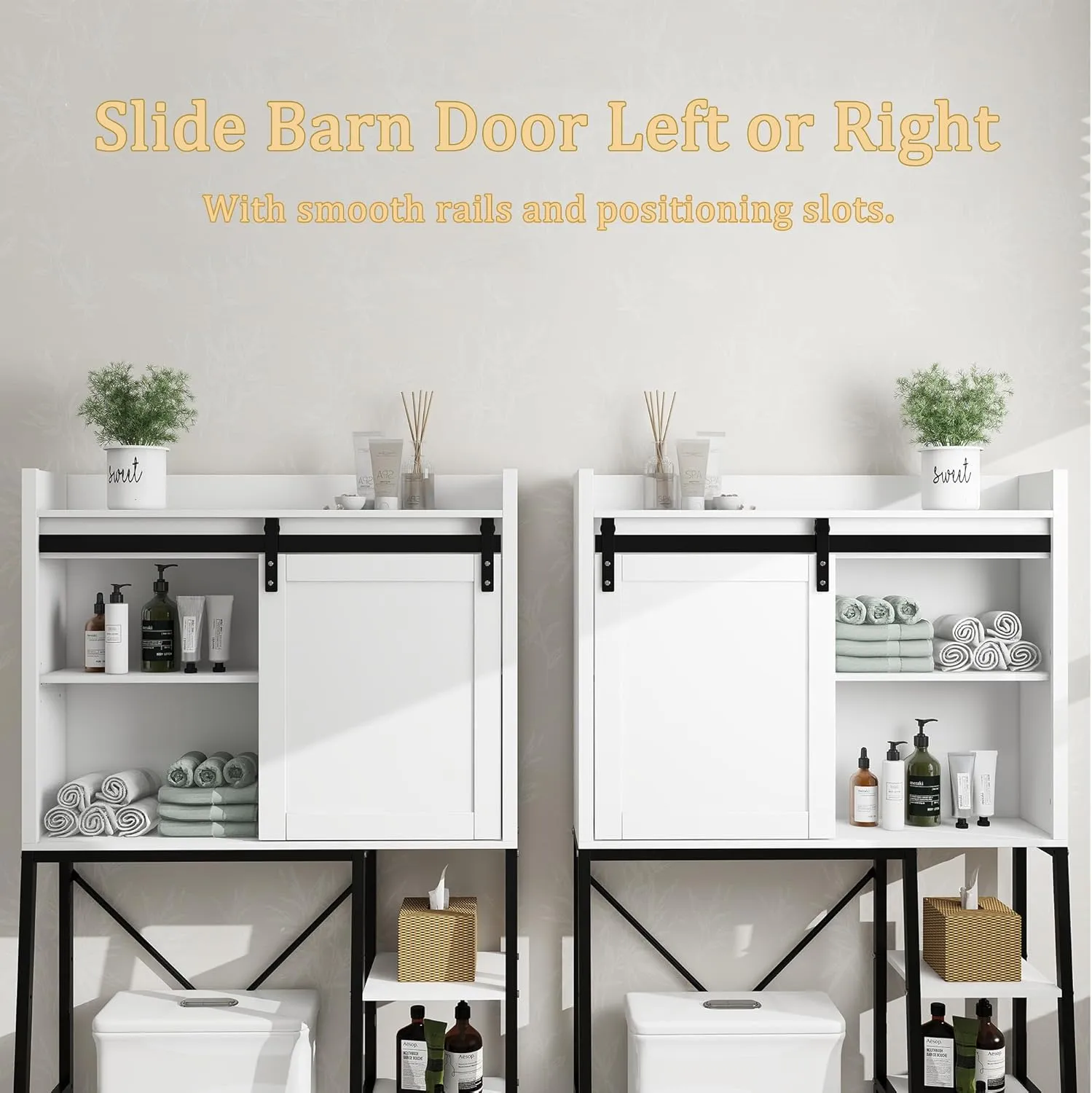 Over The Toilet Storage Cabinet with Side Rack and Shelves, Freestanding Space Saver Organizer Above Toilet with Sliding Barn Door & Iron Pedestal, for Bathroom, Laundry, White