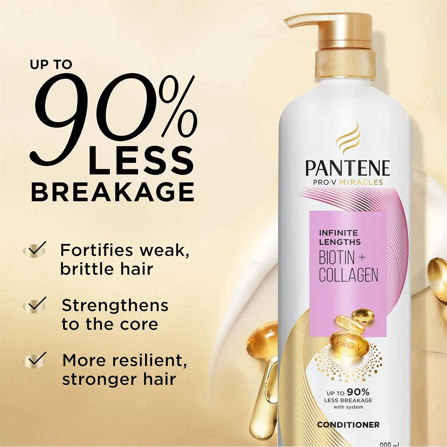 Pantene Infinite Lengths Conditioner with Biotin   Collagen, Strengthens Brittle Hair, Up to 90% Less Breakage, 1 Minute Miracle, Safe for Color Treated Hair, Floral Scent, 30 Fl Oz