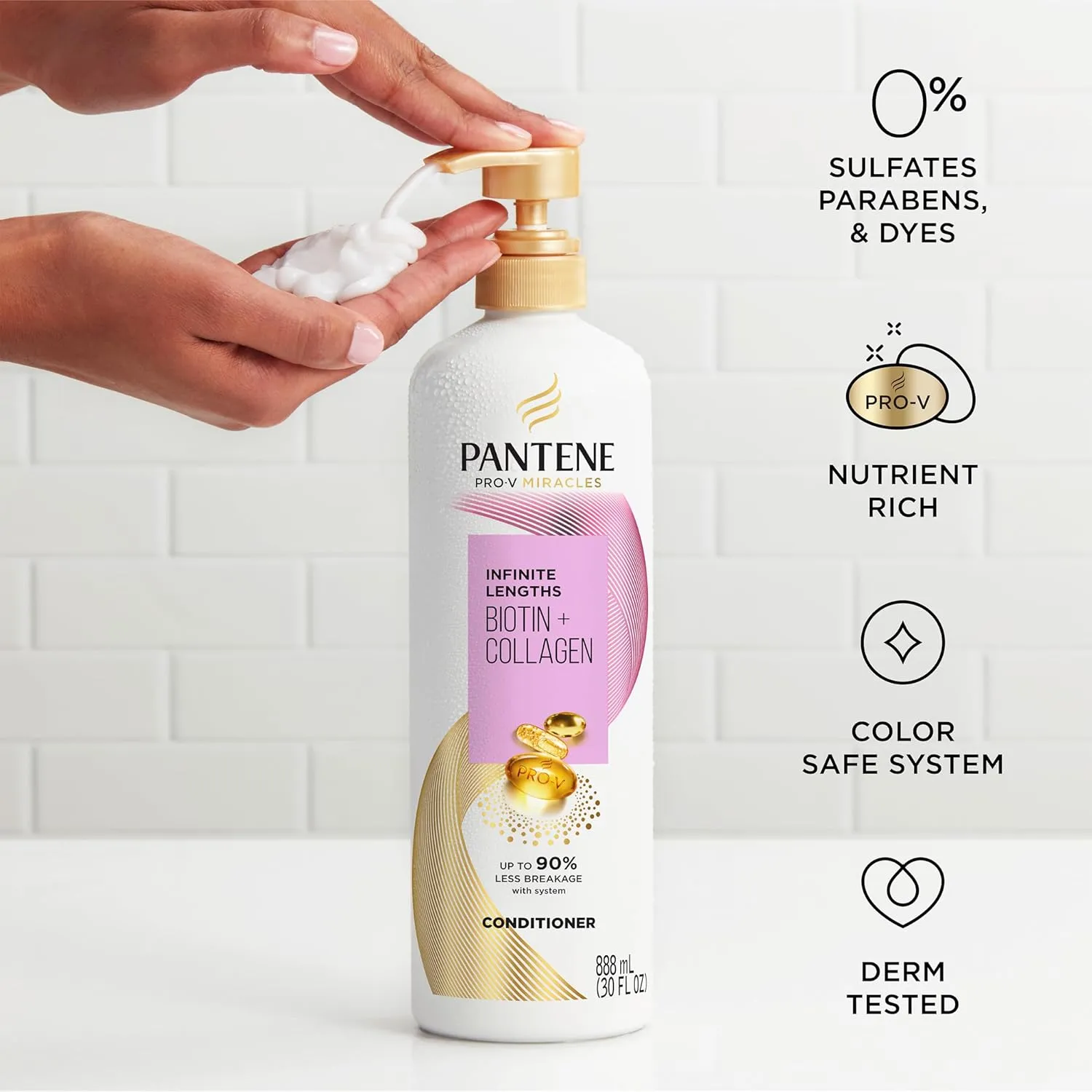 Pantene Infinite Lengths Conditioner with Biotin   Collagen, Strengthens Brittle Hair, Up to 90% Less Breakage, 1 Minute Miracle, Safe for Color Treated Hair, Floral Scent, 30 Fl Oz