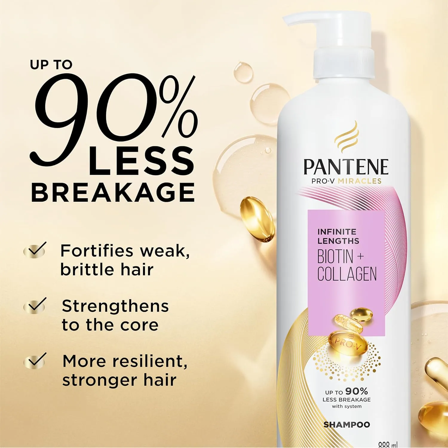 Pantene Infinite Lengths Shampoo, Sulfate Free with Biotin   Collagen, Strengthens Brittle Hair, Up to 90% Less Breakage, Safe for Color Treated Hair, Pro-V Miracles, Floral Scent, 30 Fl Oz