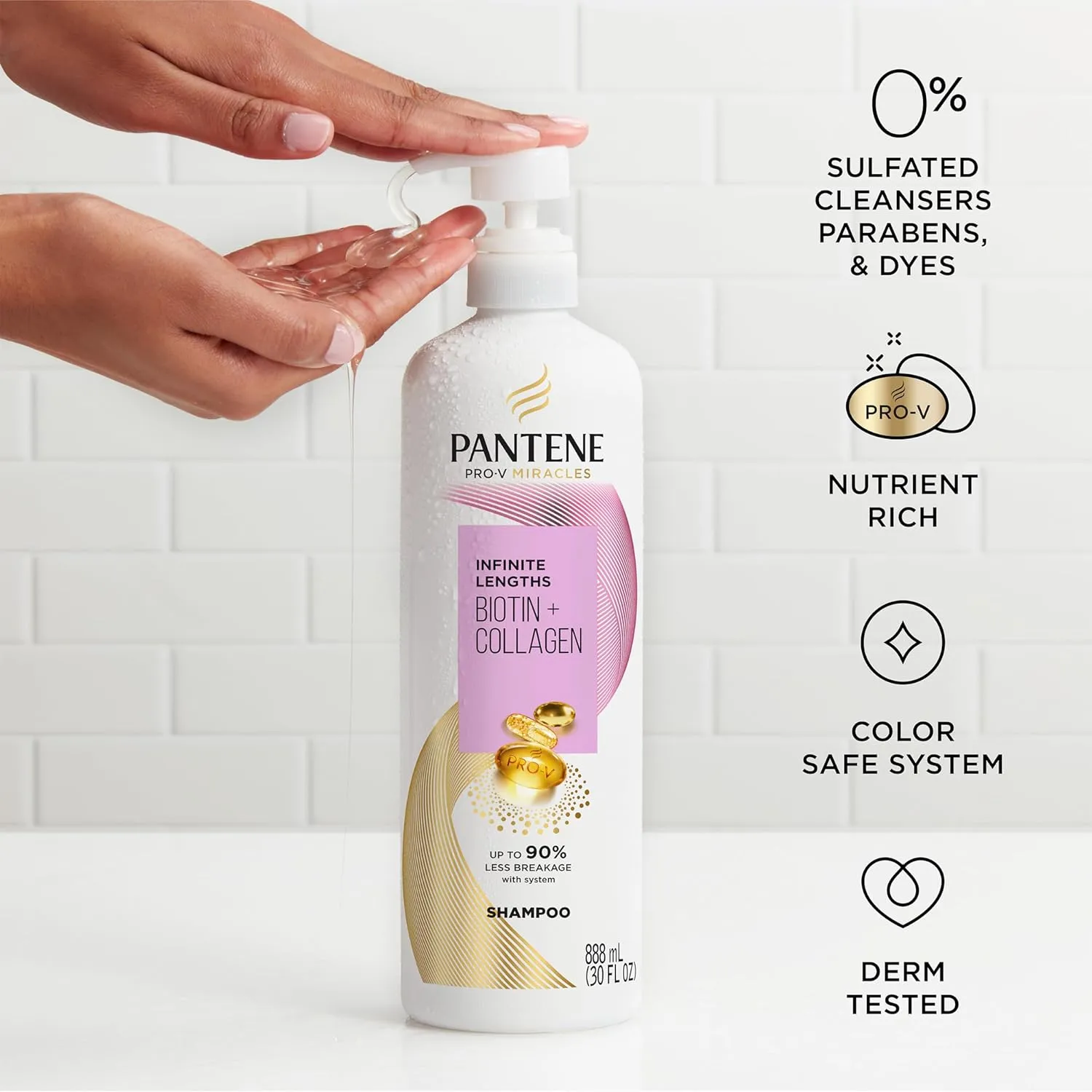Pantene Infinite Lengths Shampoo, Sulfate Free with Biotin   Collagen, Strengthens Brittle Hair, Up to 90% Less Breakage, Safe for Color Treated Hair, Pro-V Miracles, Floral Scent, 30 Fl Oz