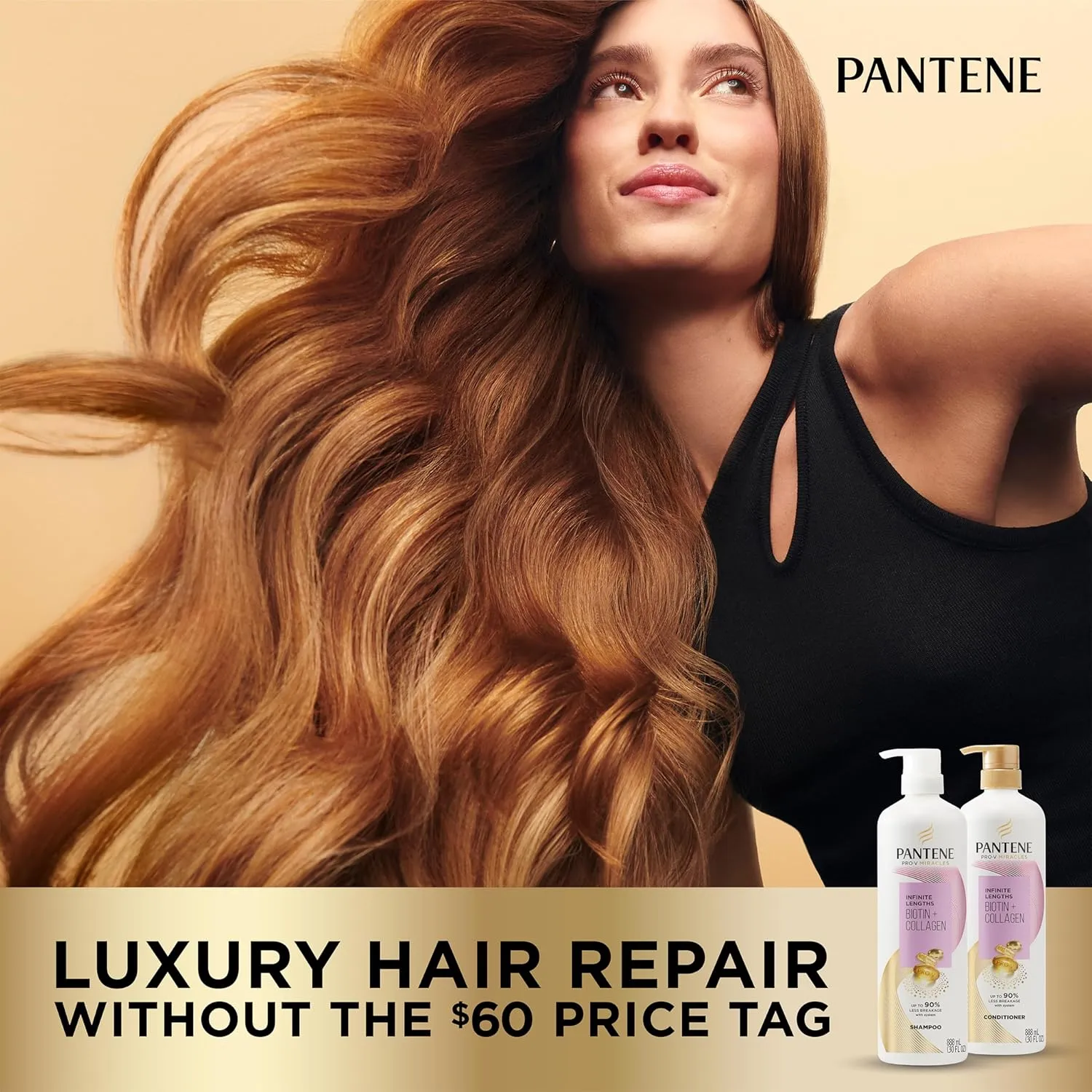 Pantene Infinite Lengths Shampoo, Sulfate Free with Biotin   Collagen, Strengthens Brittle Hair, Up to 90% Less Breakage, Safe for Color Treated Hair, Pro-V Miracles, Floral Scent, 30 Fl Oz