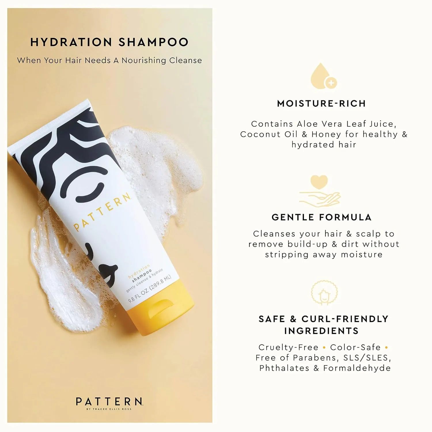 PATTERN Beauty by Tracee Ellis Ross Hydration Shampoo w Honey, Aloe Vera, Biotin and Tea Tree Leaf Oil for Curly Hair 3a-4c, 9.8 fl oz