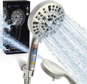 Pavezo® High Pressure Shower Head Handheld 5" Large, Detachable Shower Head with Hard Water Filter, Extra Long 60" SS Hose 10-mode Portable for Bathroom, Powerful to Clean Tile & Pets, Brushed Nickel