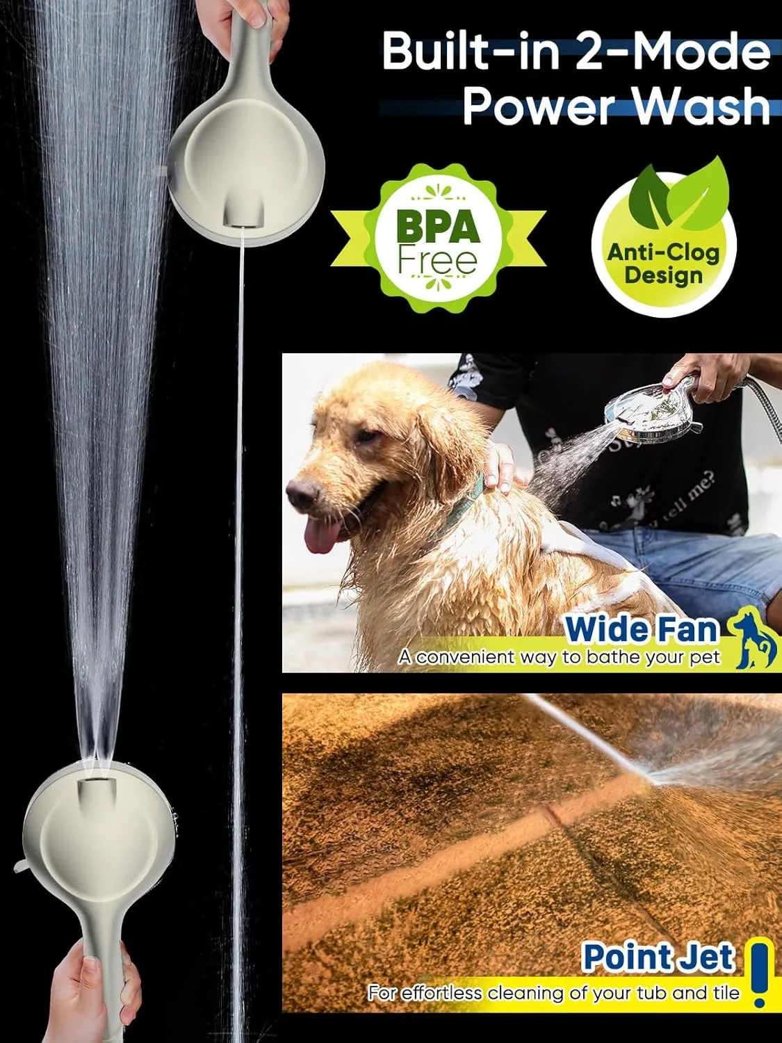 Pavezo® High Pressure Shower Head Handheld 5" Large, Detachable Shower Head with Hard Water Filter, Extra Long 60" SS Hose 10-mode Portable for Bathroom, Powerful to Clean Tile & Pets, Brushed Nickel