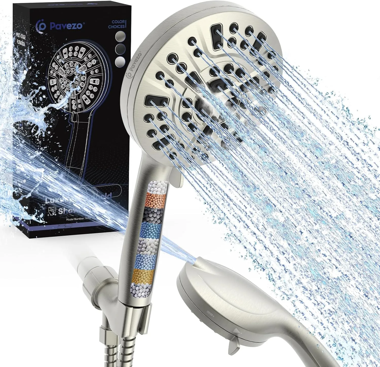 Pavezo® High Pressure Shower Head Handheld 5" Large, Detachable Shower Head with Hard Water Filter, Extra Long 60" SS Hose 10-mode Portable for Bathroom, Powerful to Clean Tile & Pets, Brushed Nickel