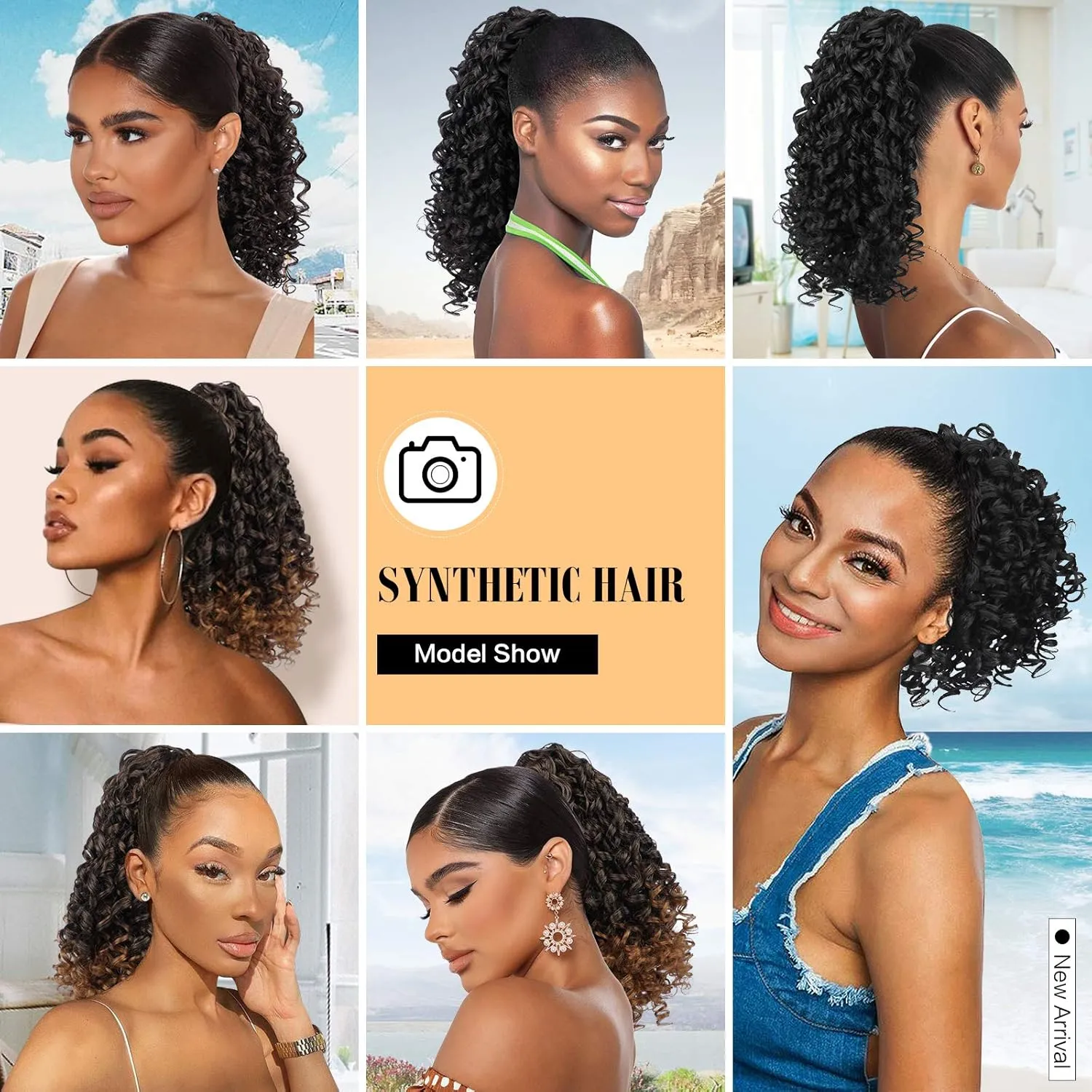 PEACOCO Curly Ponytail Extension Drawstring Ponytails for Black Women - 6 Inch Pony Tail Clip on Ponytail Synthetic Short Afro Hairpiece for Daily Use（1B）