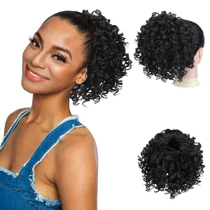 PEACOCO Curly Ponytail Extension Drawstring Ponytails for Black Women - 6 Inch Pony Tail Clip on Ponytail Synthetic Short Afro Hairpiece for Daily Use（1B）