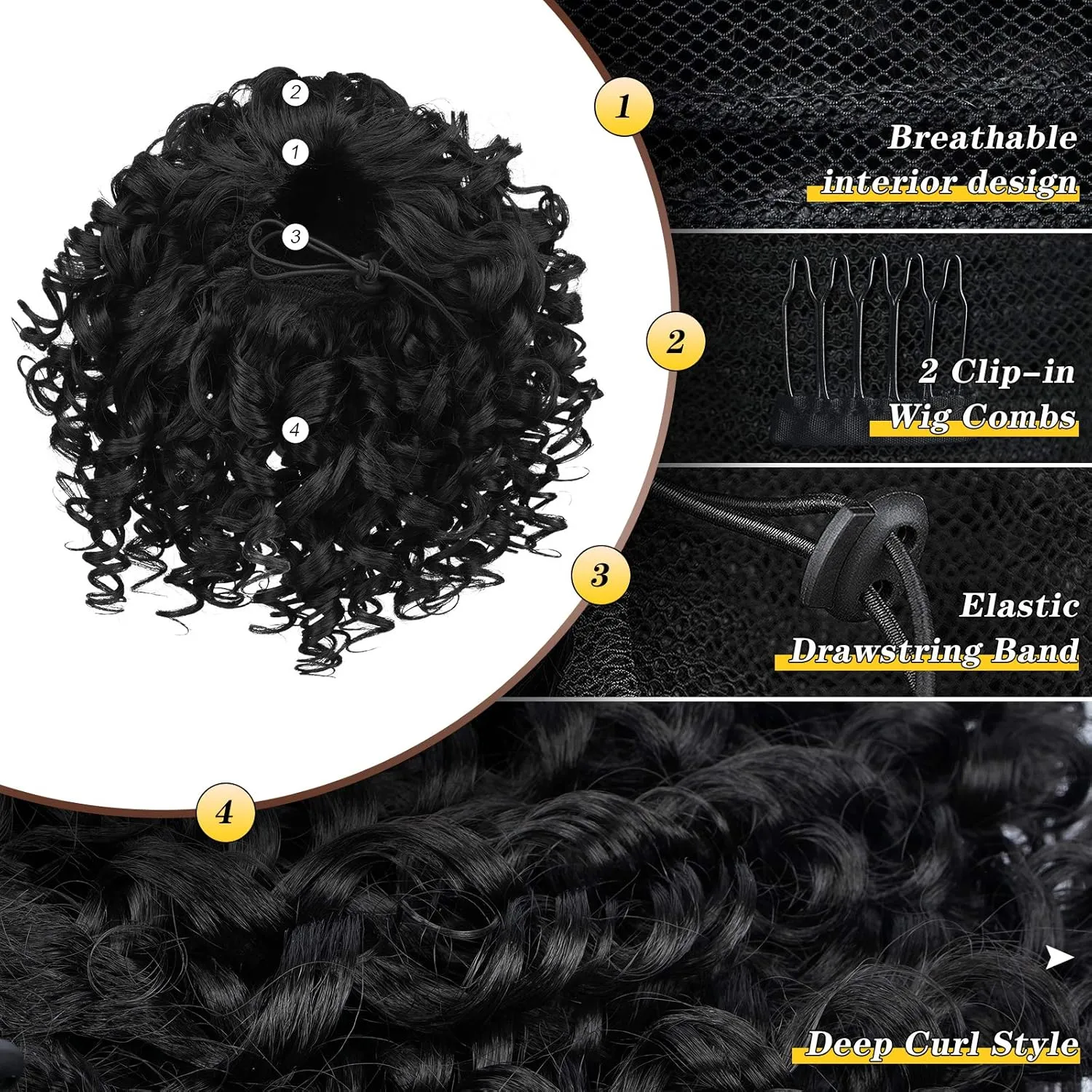 PEACOCO Curly Ponytail Extension Drawstring Ponytails for Black Women - 6 Inch Pony Tail Clip on Ponytail Synthetic Short Afro Hairpiece for Daily Use（1B）