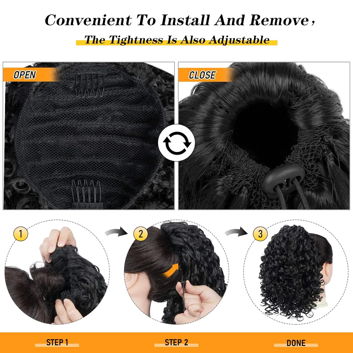 PEACOCO Curly Ponytail Extension Drawstring Ponytails for Black Women - 6 Inch Pony Tail Clip on Ponytail Synthetic Short Afro Hairpiece for Daily Use（T1B/0906）