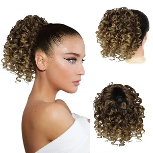 PEACOCO Curly Ponytail Extension Drawstring Ponytails for Black Women - 6 Inch Pony Tail Clip on Ponytail Synthetic Short Afro Hairpiece for Daily Use（T33/27#）