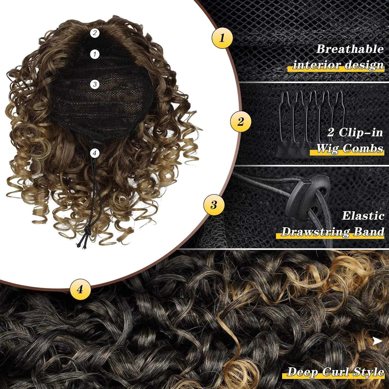 PEACOCO Curly Ponytail Extension Drawstring Ponytails for Black Women - 6 Inch Pony Tail Clip on Ponytail Synthetic Short Afro Hairpiece for Daily Use（T33/27#）