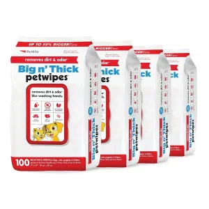 Petkin Pet Wipes for Dogs and Cats, 400 Large Wipes - Removes Dirt & Odor Like Washing Hands - Cleans Ears, Face, Butt, Eye Area - Convenient, Ideal for Home or Travel - 4 Packs of 100 Wipes