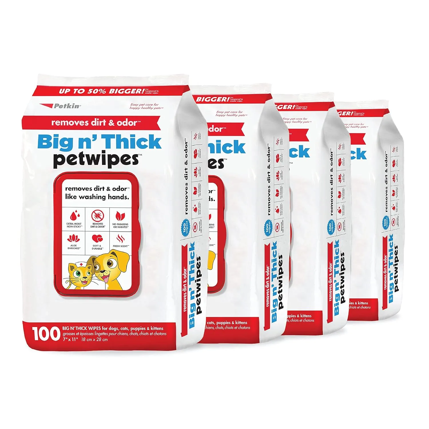 Petkin Pet Wipes for Dogs and Cats, 400 Large Wipes - Removes Dirt & Odor Like Washing Hands - Cleans Ears, Face, Butt, Eye Area - Convenient, Ideal for Home or Travel - 4 Packs of 100 Wipes