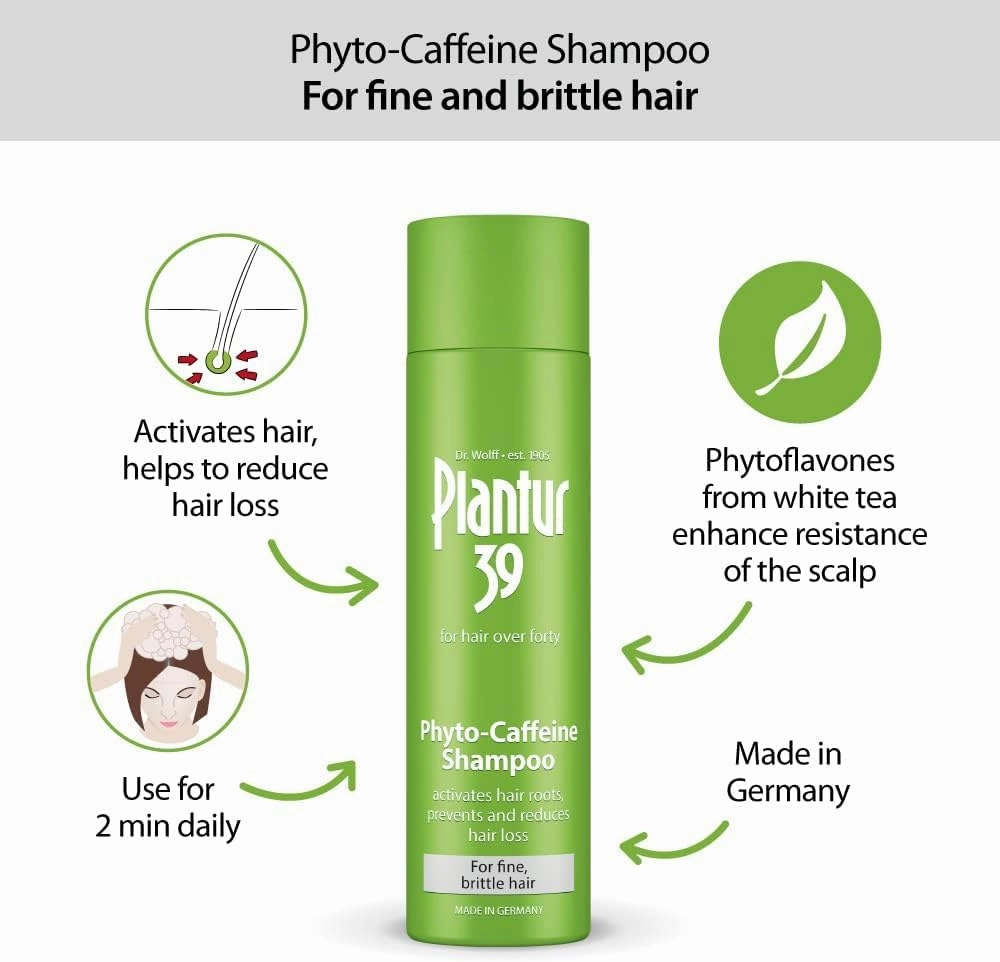 Plantur 39 Natural Phyto Caffeine Shampoo for Thinning Hair for Women, Volumizing Shampoo for Natural Hair Growth for Fine and Thinning Hair, Niacin, Caffeine, Zinc, White Tea Extract, 8.45 floz