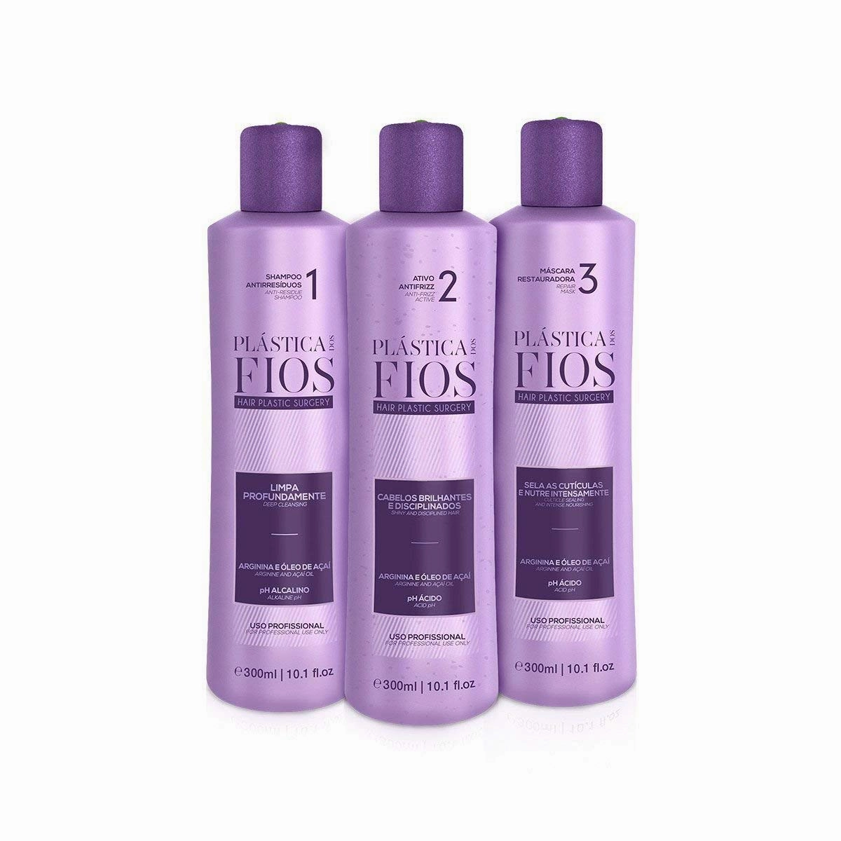Plastica Dos Fios - Brazilian Keratin Hair Smoothing System Anti Frizz Active, Anti Residue Shampoo And Repair Mask, The Best Treatment System - (3x300 ML) (Set of 3) Comb Included.