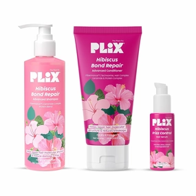 PLI'X - THE PLANT FIX Hibiscus Frizz Control Hair Serum 50ml   Bond Repair Shampoo 200ml   Conditioner 175ml | Protects & Smoothes Frizzy Hair| 3x Strength with Fiberhance