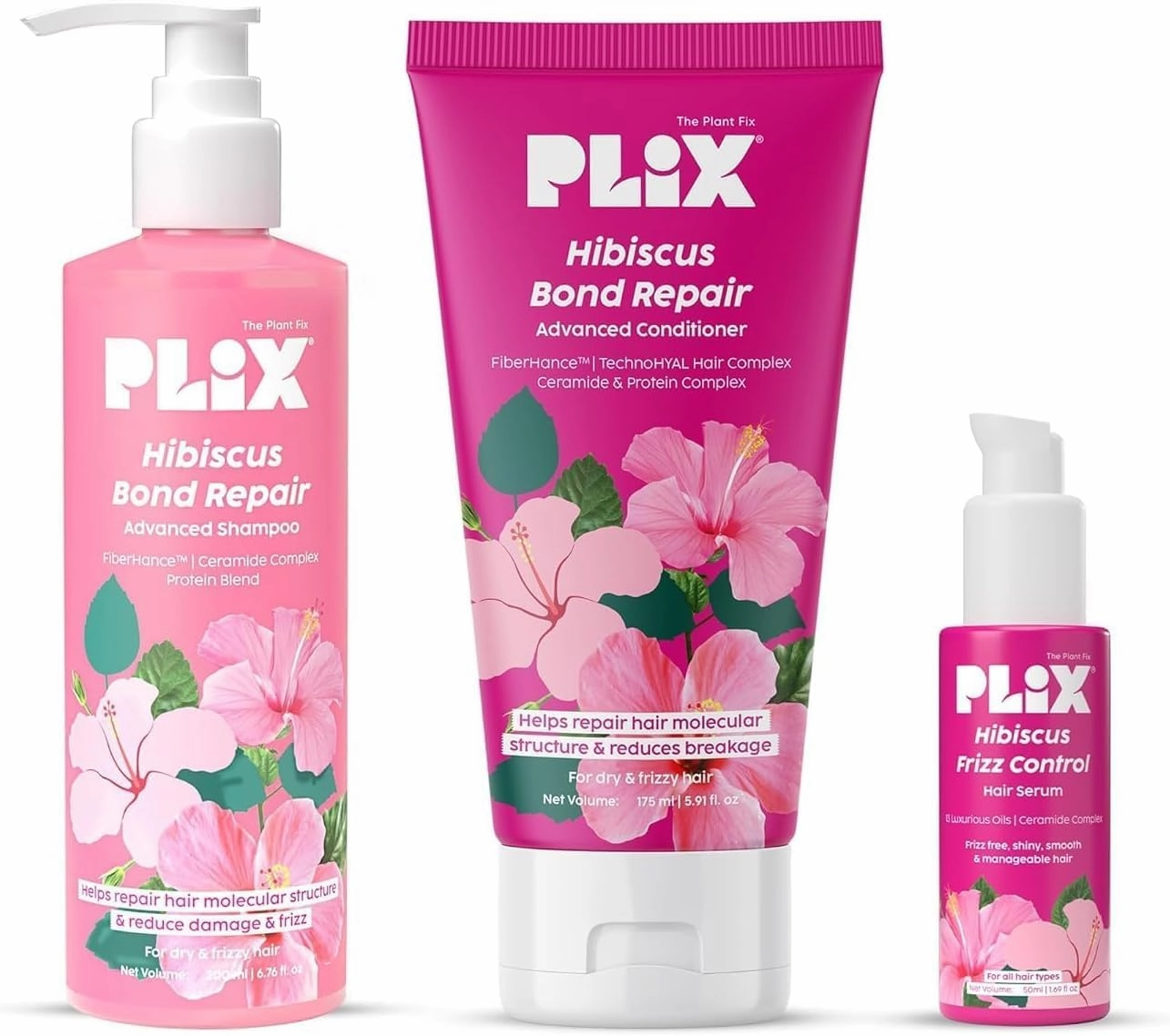 PLIX' - THE PLANT FIX Hibiscus Frizz Control Hair Serum 50ml   Bond Repair Shampoo 200ml Conditioner 175ml | Protects & Smoothes Frizzy Hair| 3x Strength with Fiberhance