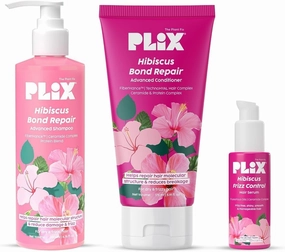 PLIX' - THE PLANT FIX Hibiscus Frizz Control Hair Serum 50ml   Bond Repair Shampoo 200ml Conditioner 175ml | Protects & Smoothes Frizzy Hair| 3x Strength with Fiberhance