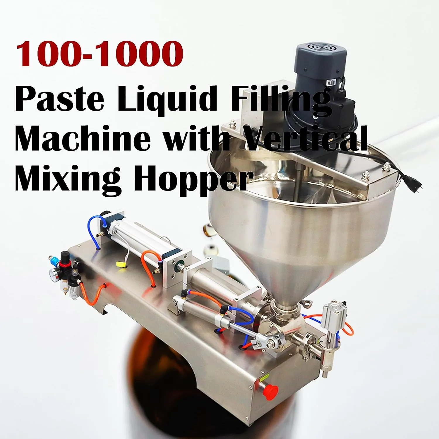 Pneumatic Paste Liquid Filling Machine 100-1000ml with Vertical Mixing Hopper Single Nozzle Liquid Paste Fill Machine for Liquids, Pasty Fluid, Oil
