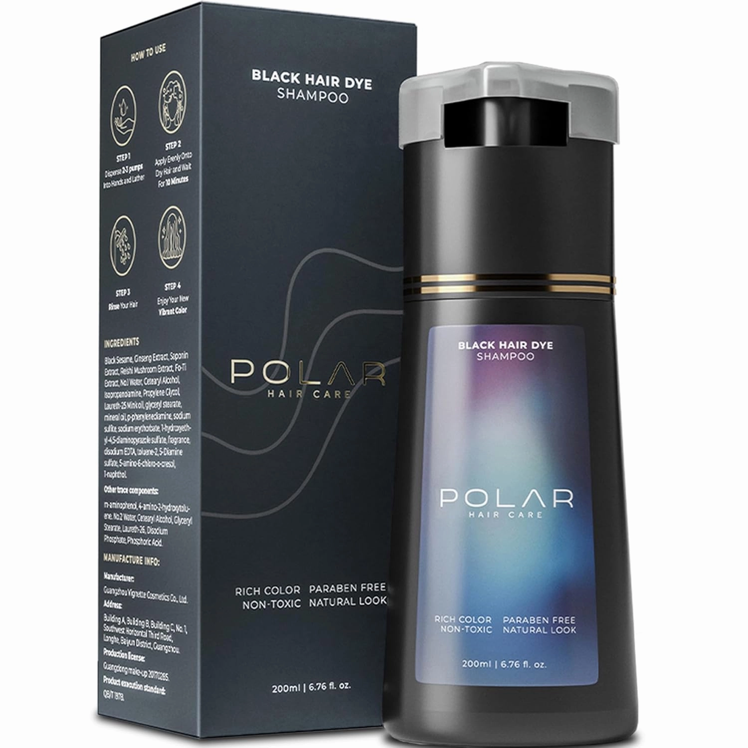 Polar Haircare - Hair Dye Shampoo for Gray Hair for Women & Men (Jet Black) Natural Hair Dye Kit - Semi Permanent Hair Dye Shampoo - Vegan Hair Dye USA 6.76 Fl Oz