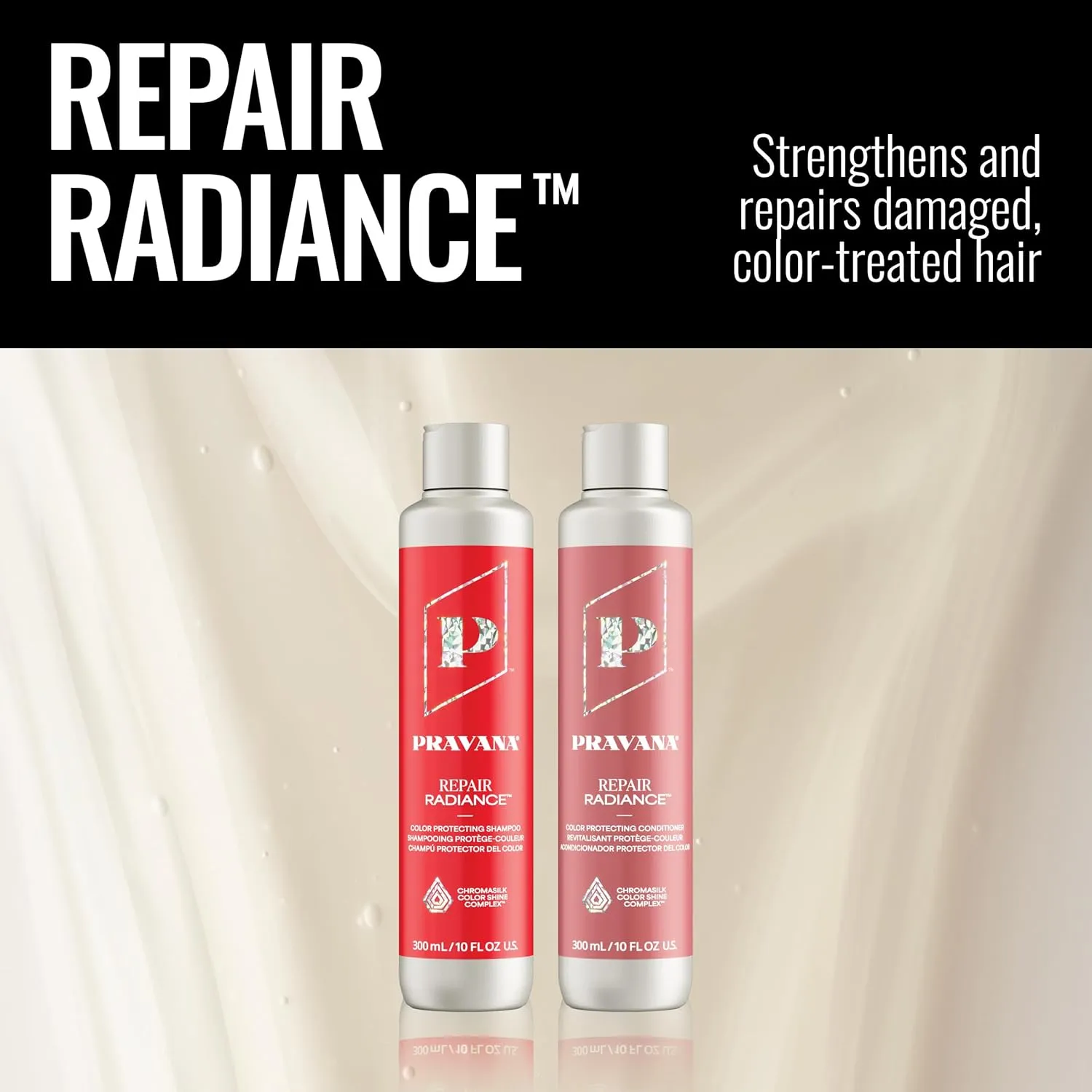 Pravana Repair Radiance Shampoo | Strengthens, Protects, Restores | For Damaged, Color Treated Hair | Reduces Breakage & Split Ends | Chromasilk Enhances Shine & Protection | Vegan | Paraben Free