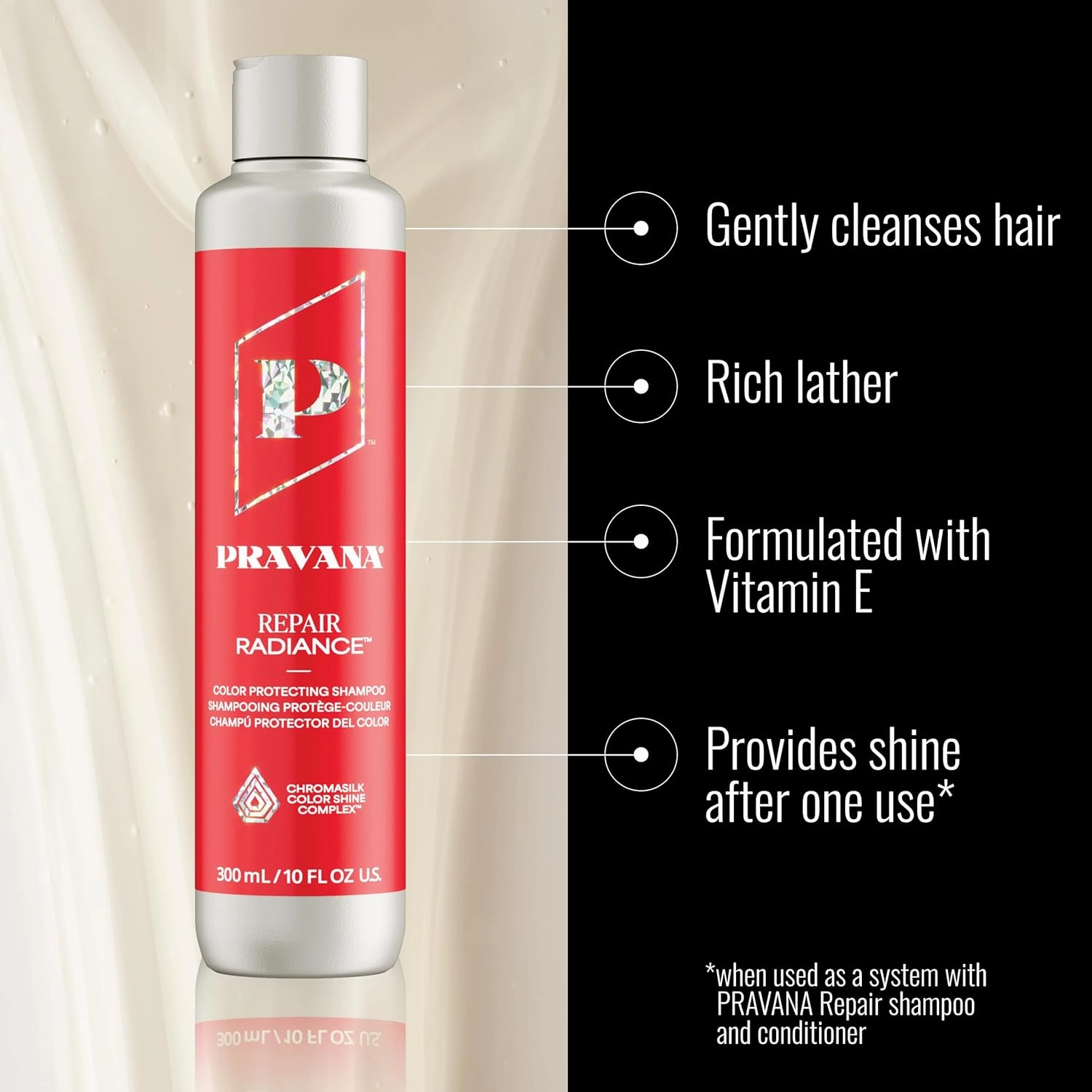 Pravana Repair Radiance Shampoo | Strengthens, Protects, Restores | For Damaged, Color Treated Hair | Reduces Breakage & Split Ends | Chromasilk Enhances Shine & Protection | Vegan | Paraben Free
