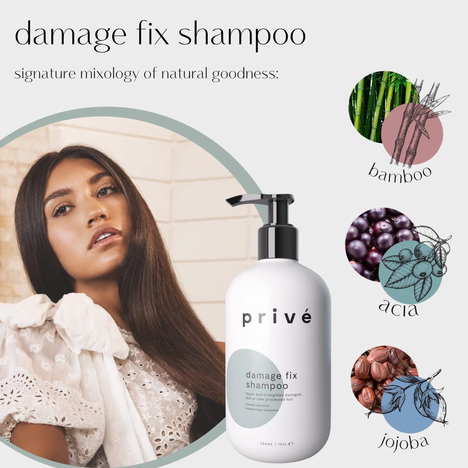Privé Damage Fix Shampoo – Repair and Strengthen Damaged, Dull or Over Processed Hair from Within – Natural Ingredients – Vegan Cruelty-Free Color-Safe Shampoo (12 oz / 356 ml)