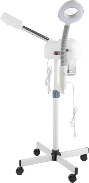 Professional Facial Steamer,2 in 1 Facial Steamer on Wheels,Esthetician Facial Steamer,Face Steamer for Personal Skin Care Deep Cleaning,with 3X Magnifying Lamp,for Spa, Salon and at Home Use (White)