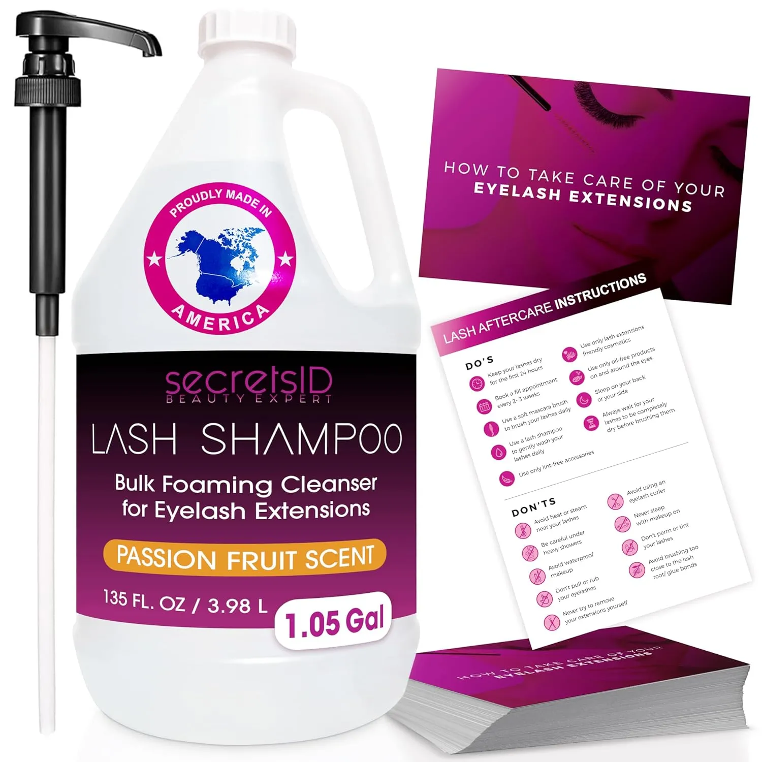 Professional Lash Shampoo for Eyelash Extensions Bulk 3.98L - 1.05 Gallon with 50 Aftercare Cards - Premium Made in America Eyelid Foaming Cleanser - Salon Lash and Brow Wash - Passion Fruit Scent