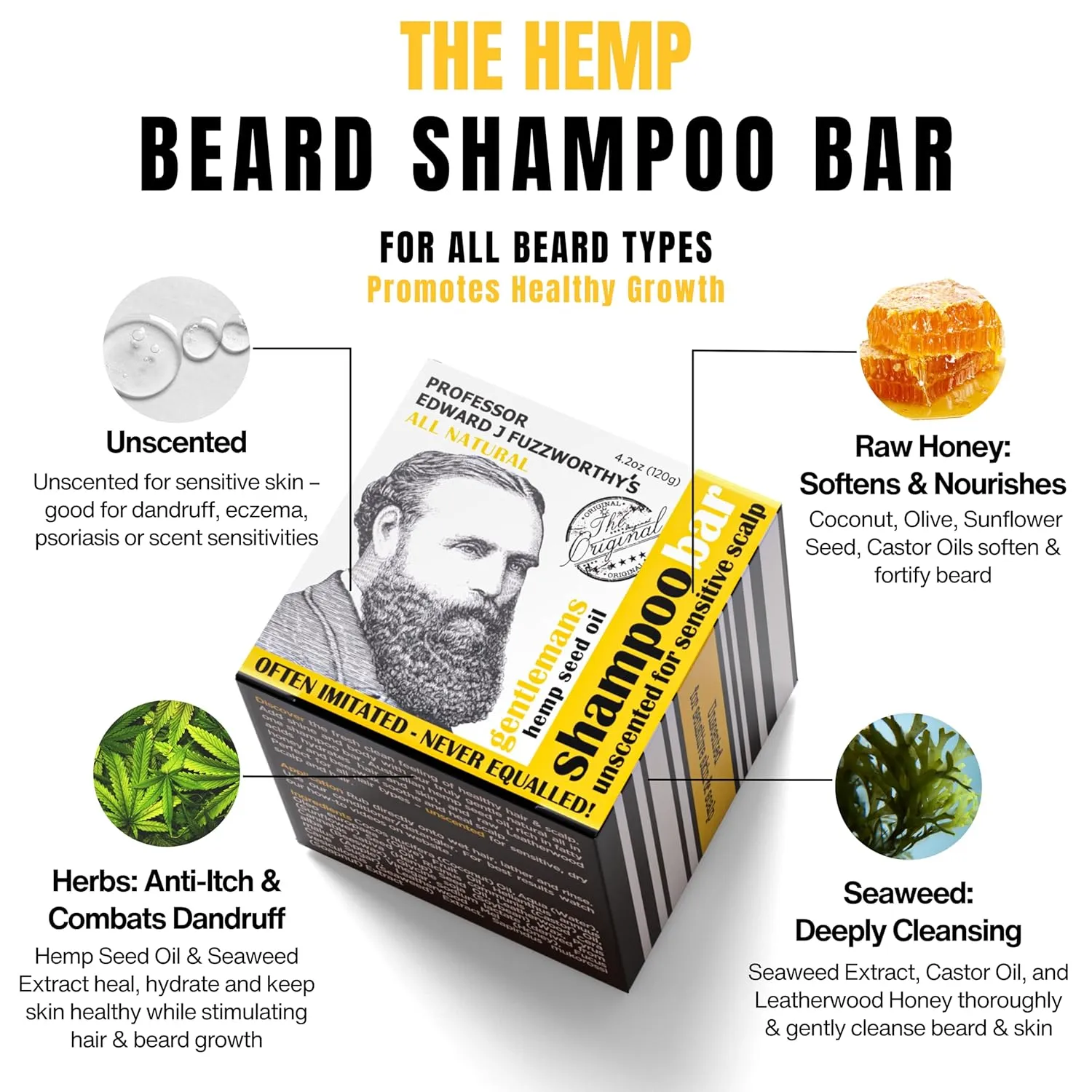 Professor Fuzzworthy's Beard & Hair Hemp Shampoo Bar - Unscented for Sensitive Skin - Normal Dry Oily Hair 4.2oz
