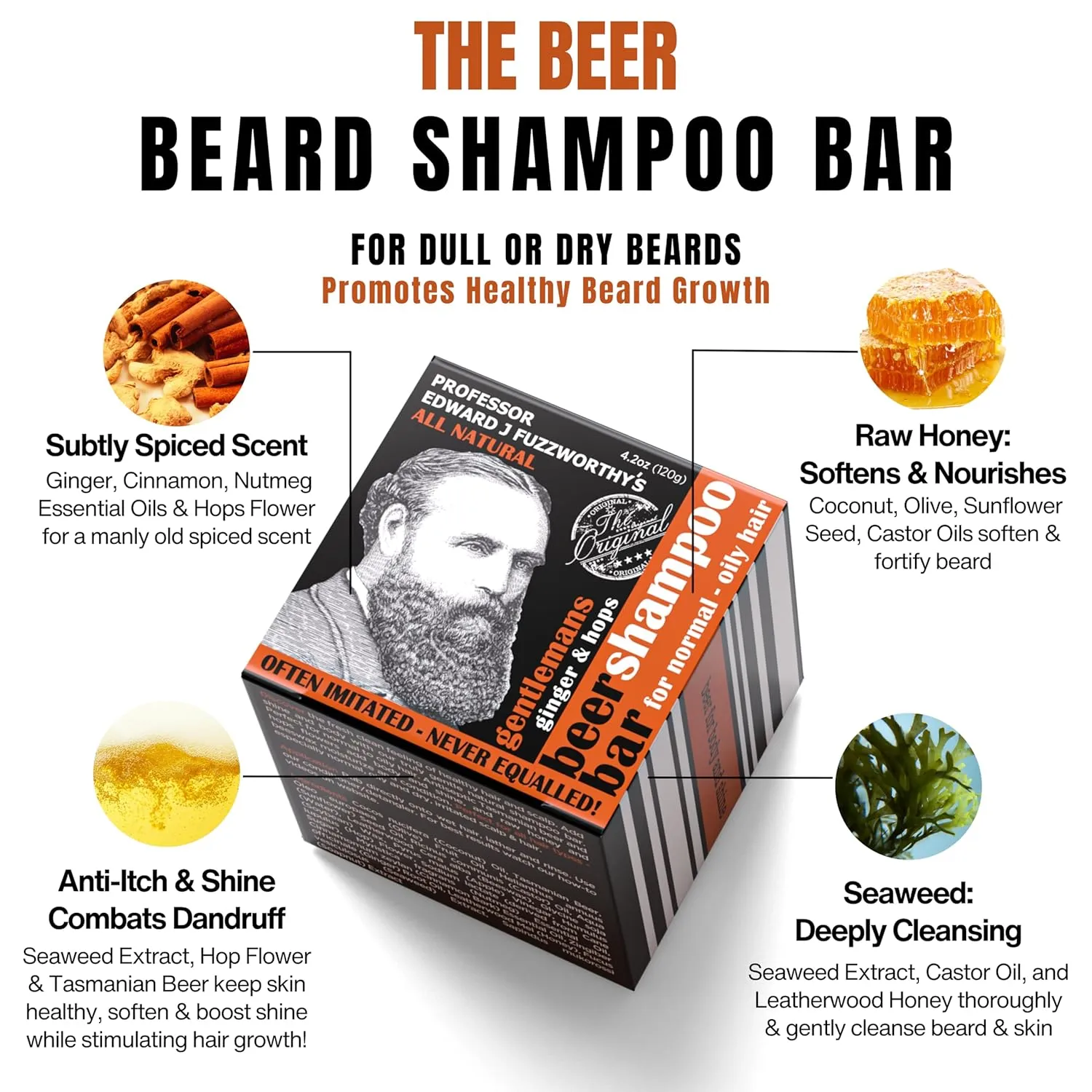 Professor Fuzzworthy's Gentlemans BEER Beard Hair SHAMPOO Bar for Normal, Dry, Oily Hair | SCENTED with All Natural Oils From Tasmania Australia - 4.2 oz