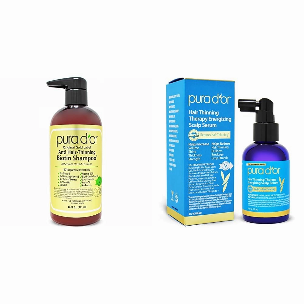 PURA D'OR Anti-Thinning Biotin Shampoo, Clinically Tested DHT Blocker & Scalp Therapy Energizing Scalp Serum Revitalizer (4oz) with Argan Oil, Biotin