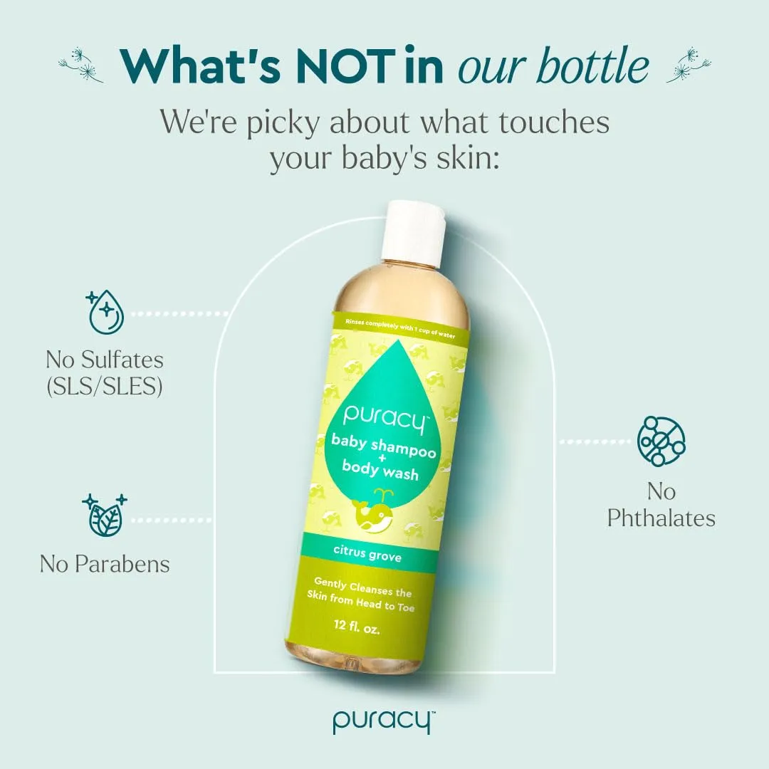 Puracy Shampoo & Body Wash for Children - Perfect Skin, Pure Ingredients with 12 Fruit & Vegetable Extracts for Silky Smooth Skin, Gentle Citrus Grove Aromas, 98.8% from Mother Nature, 12 Fl Oz (2-Pk)