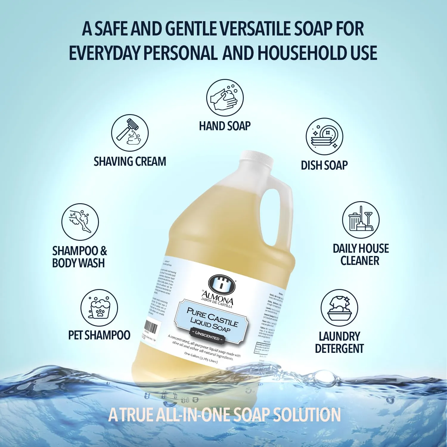 Pure Castile Liquid Soap, UNSCENTED, 1 Gallon - Multipurpose: Hands, Face, Body, Laundry, Dishes & More - For Sensitive Skin, All-Natural Ingredients, Fragrance Free
