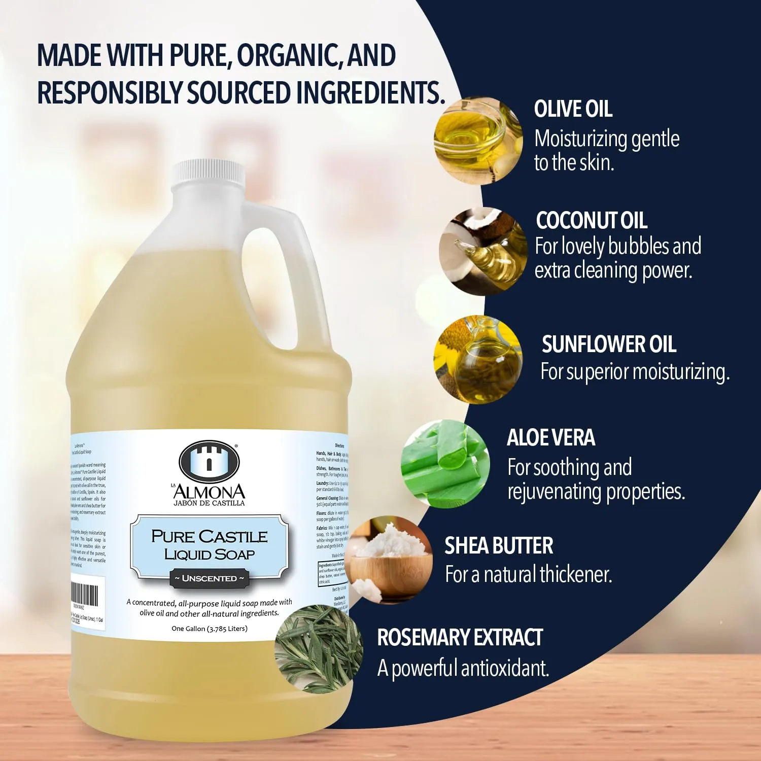 Pure Castile Liquid Soap, UNSCENTED, 1 Gallon - Multipurpose: Hands, Face, Body, Laundry, Dishes & More - For Sensitive Skin, All-Natural Ingredients, Fragrance Free