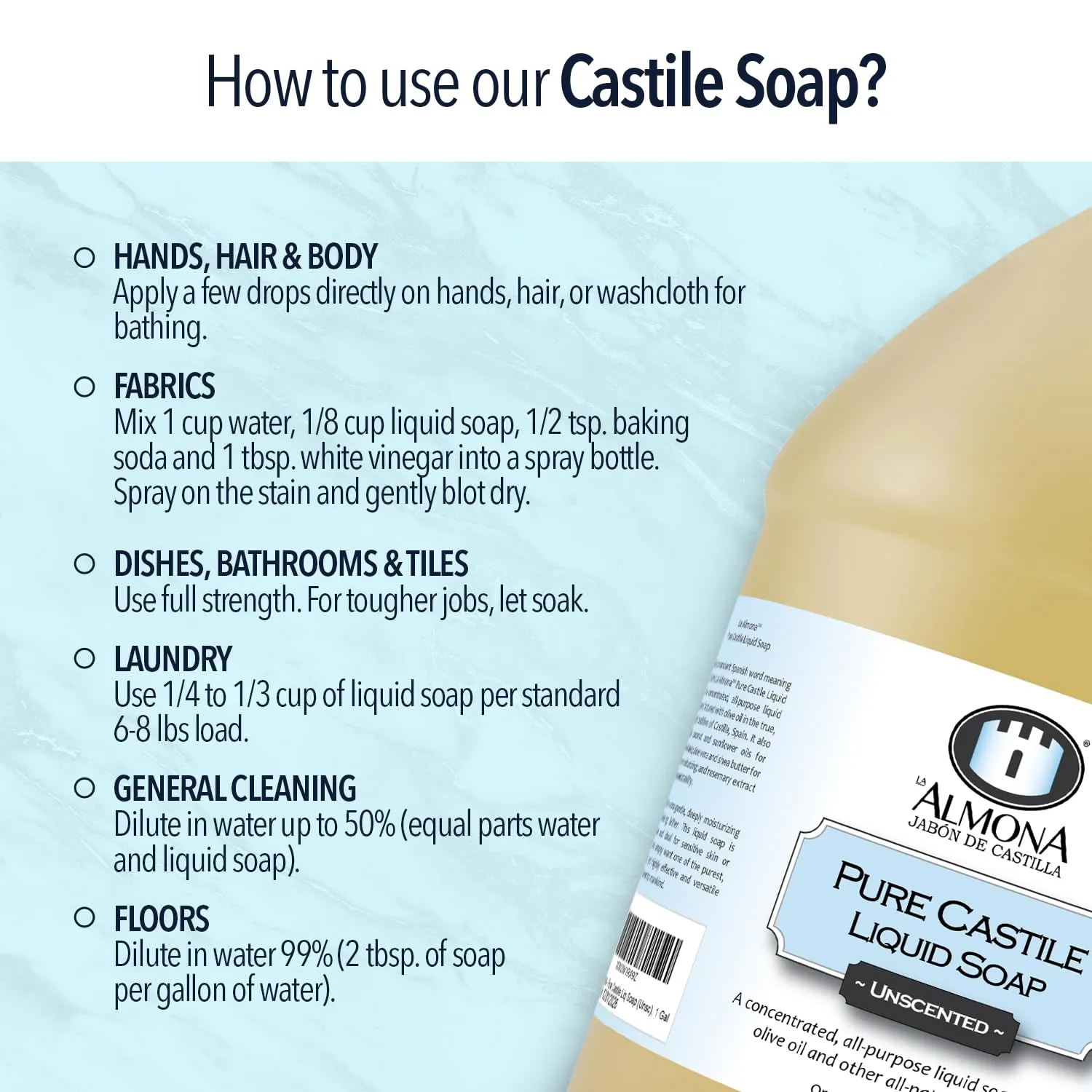 Pure Castile Liquid Soap, UNSCENTED, 1 Gallon - Multipurpose: Hands, Face, Body, Laundry, Dishes & More - For Sensitive Skin, All-Natural Ingredients, Fragrance Free