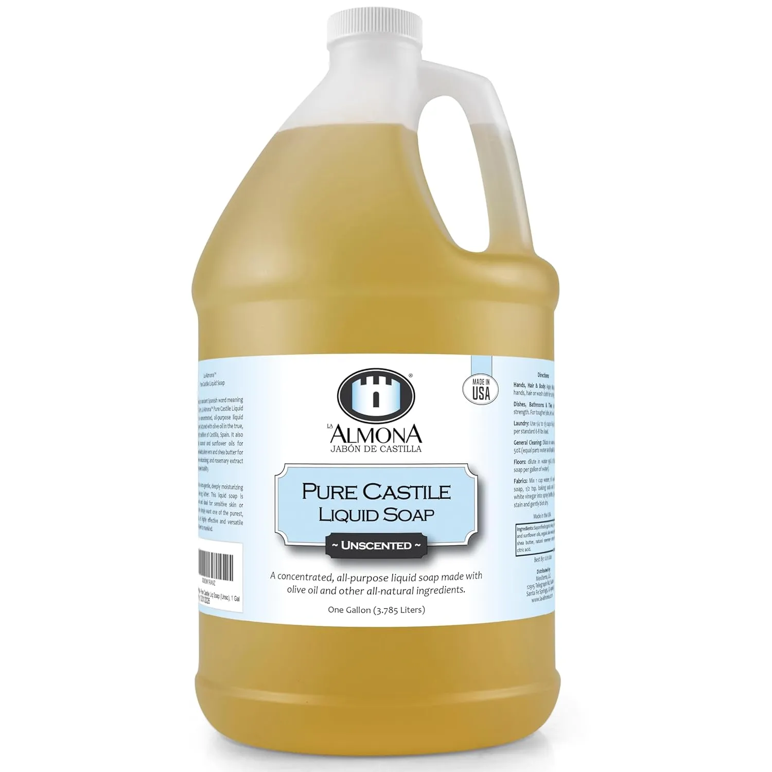 Pure Castile Liquid Soap, UNSCENTED, 1 Gallon - Multipurpose: Hands, Face, Body, Laundry, Dishes & More - For Sensitive Skin, All-Natural Ingredients, Fragrance Free
