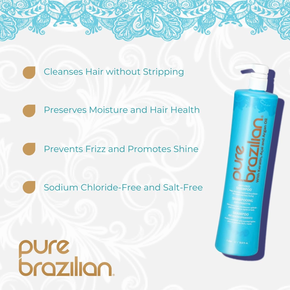 Pure Brazilian Anti-Frizz Daily Shampoo, Salt-Free, Color Safe, with Keratin, Argan Oil & Acai for Prolonged Treatment & Smooth Hair, 33.8 Fl Oz