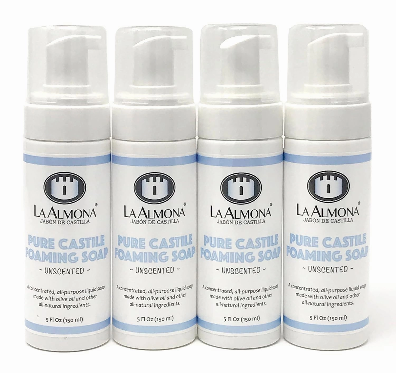 Pure Castile Liquid Soap, UNSCENTED, 5 Fl Oz - Pack of 4 Foaming Bottles - Multipurpose, For Sensitive Skin, All-Natural Ingredients, Fragrance Free