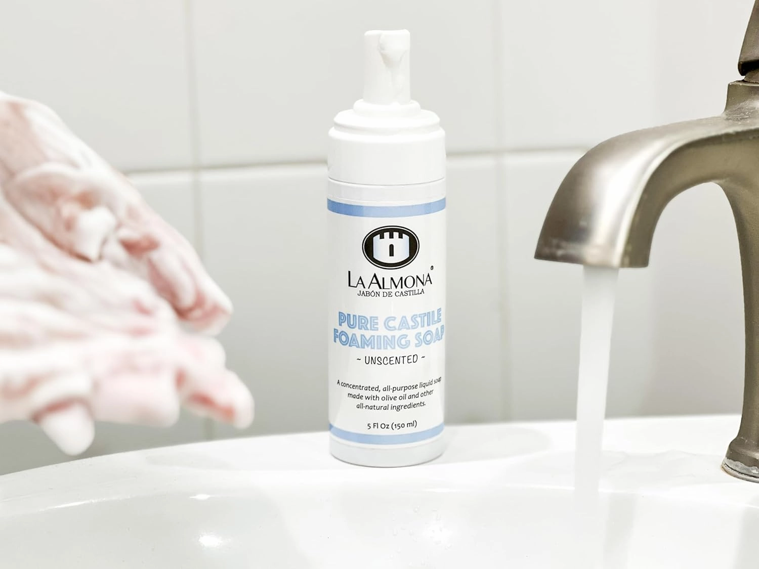 Pure Castile Liquid Soap, UNSCENTED, 5 Fl Oz - Pack of 4 Foaming Bottles - Multipurpose, For Sensitive Skin, All-Natural Ingredients, Fragrance Free