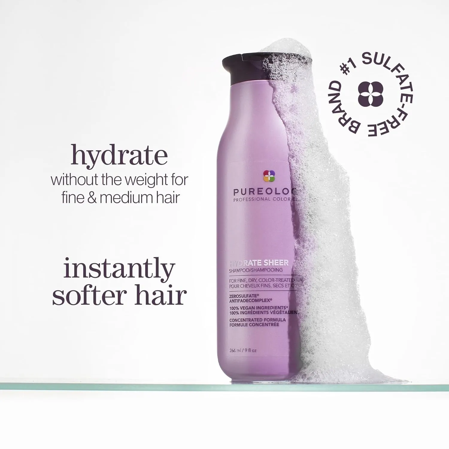 Pureology Hydrate Sheer Shampoo - Lightweight Hydrating Shampoo For Fine or Dry Color-Treated Hair, Silicone-Free & Vegan