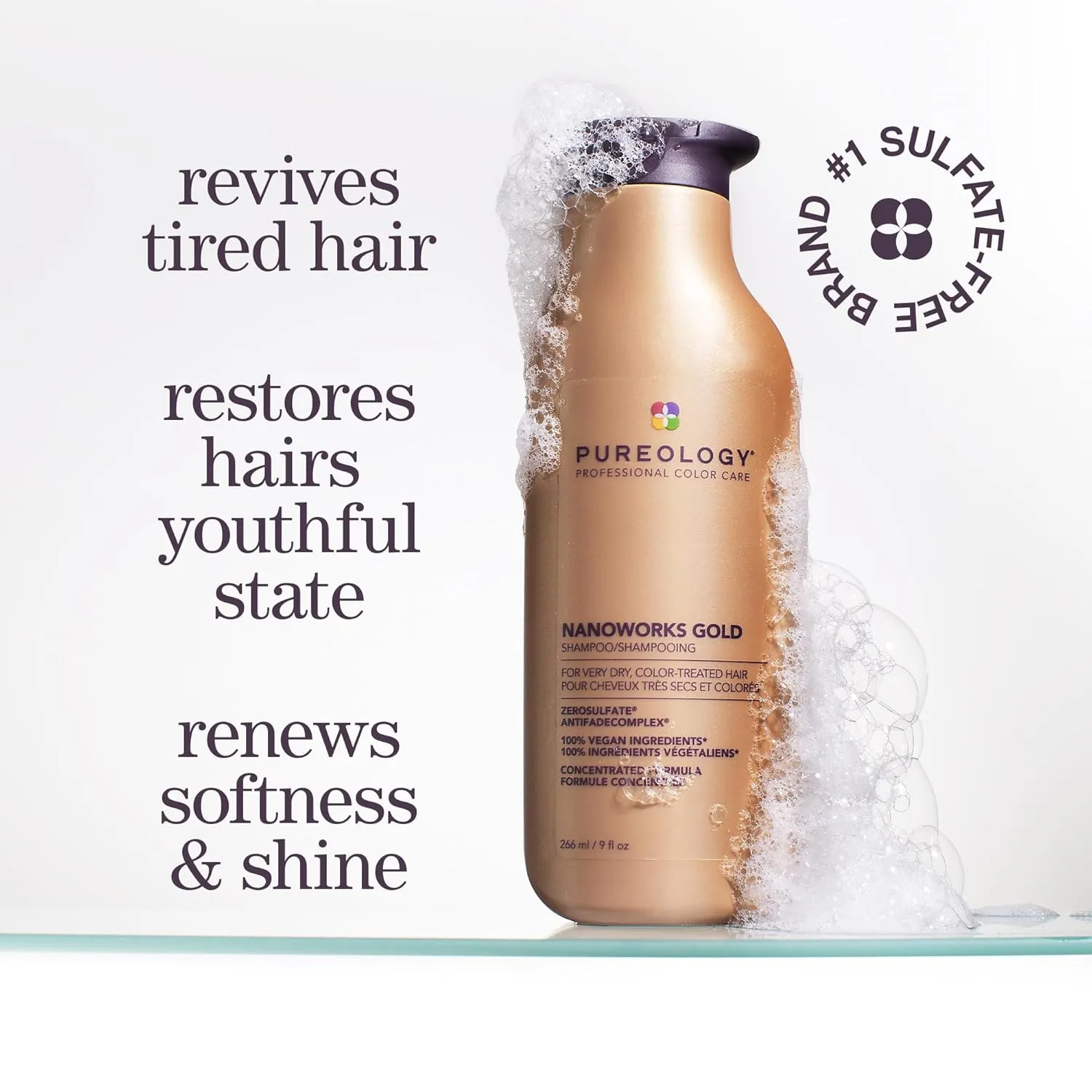 Pureology Nanoworks Gold Shampoo - For Very Dry and Color-Treated Hair, Renews Softness & Shine, Sulfate-Free & Vegan