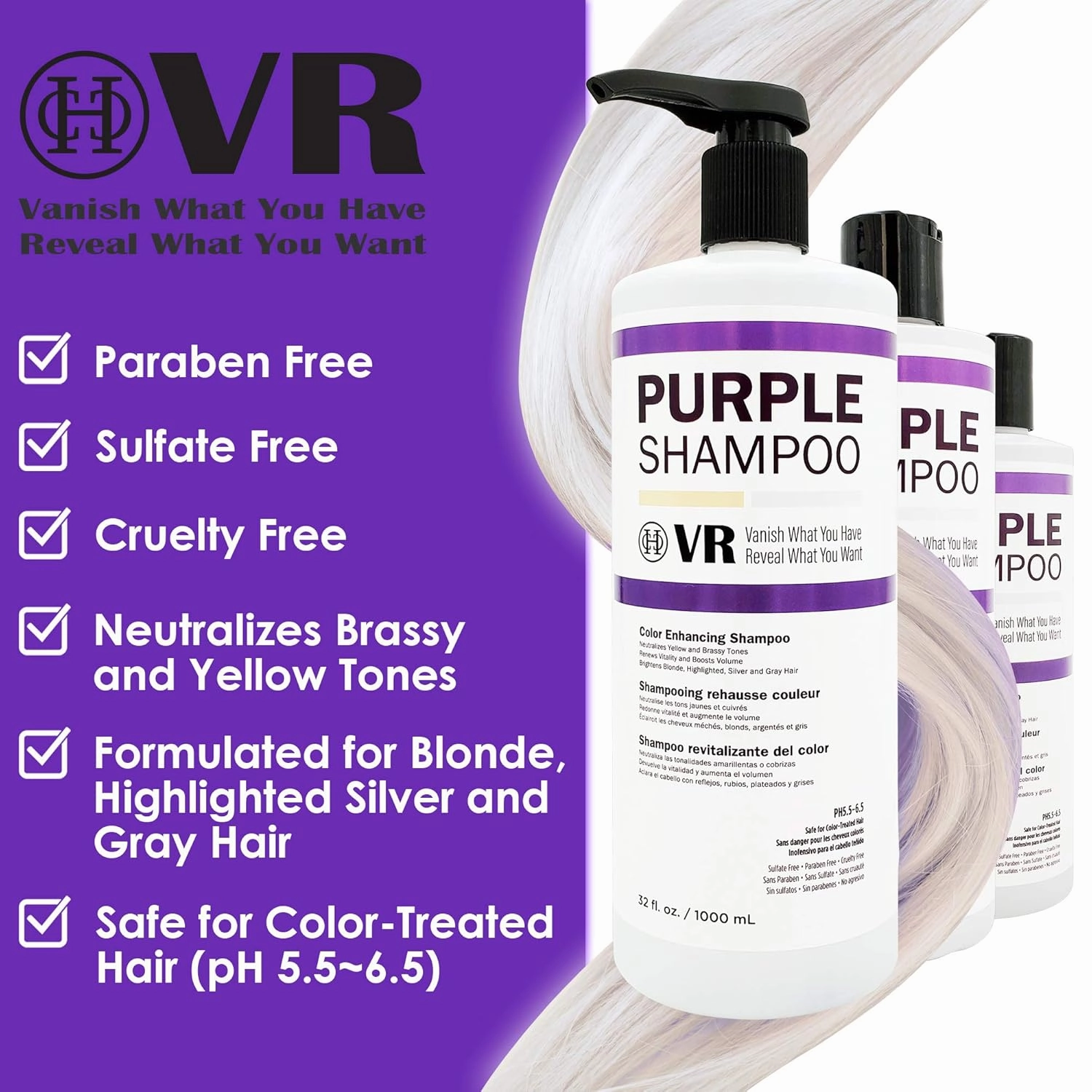 Purple Shampoo for Blonde Lightening Color Treated Hair Silver and Gray Highlighted Hair/Paraben Free/Cruelty Free/Sulfate Free/Safe for Color-Treated Hair 16 oz